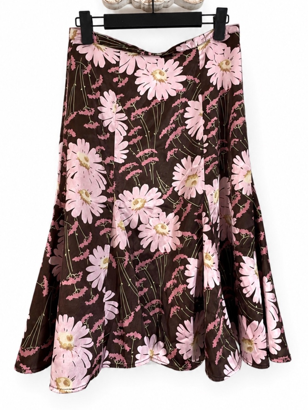 RW & Co Y2K Brown Pink Floral Satin Midi Skirt Godet Panels Lined 00 26” Waist
